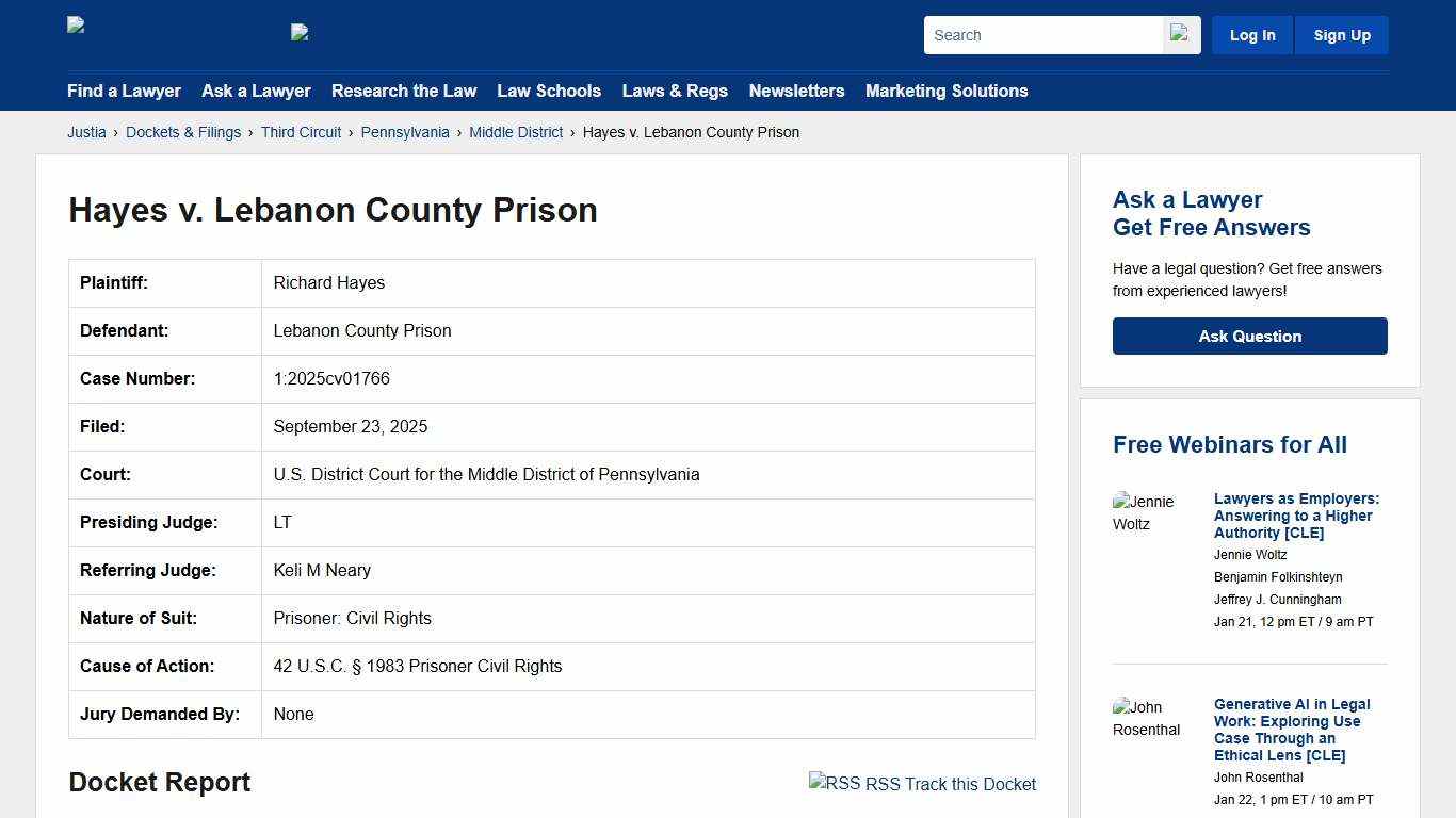 Hayes v. Lebanon County Prison 1:2025cv01766 | U.S. District Court for the Middle District of Pennsylvania | Justia